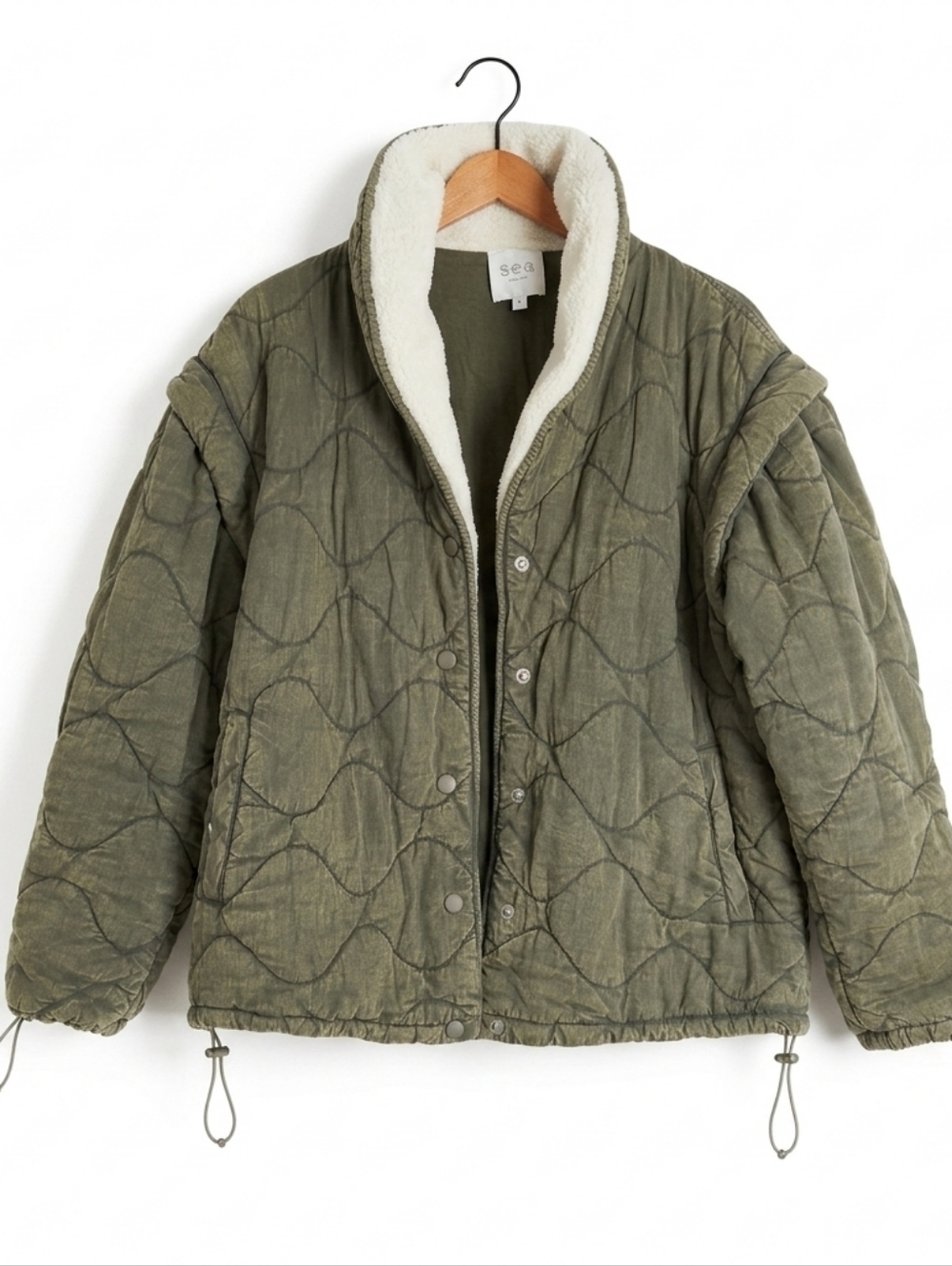 Sea New York Layla Quilted Puffer Army Green Sherpa collar Coat Jacket Size S